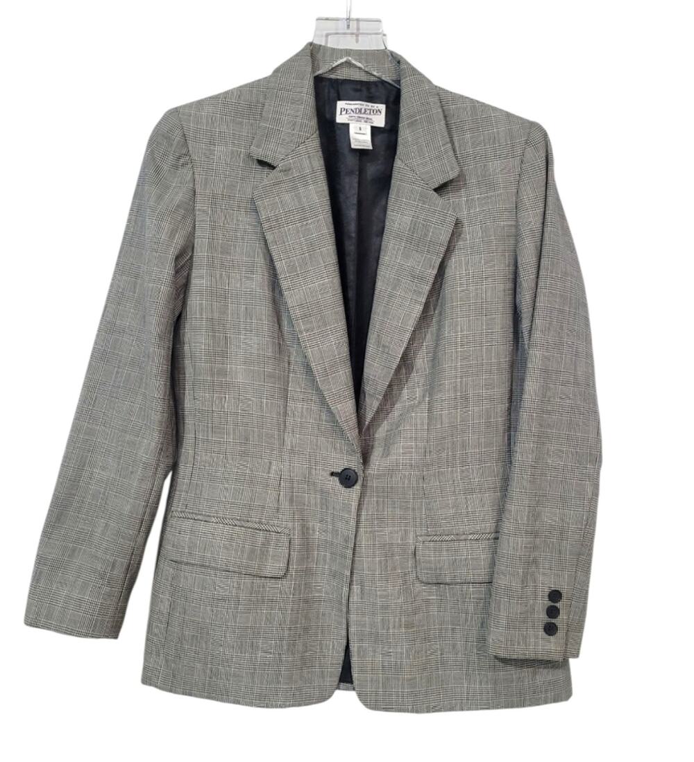 Pendleton WMS 8 Suit Jacket Blazer Glen Check Tan Black Single Button Pockets
